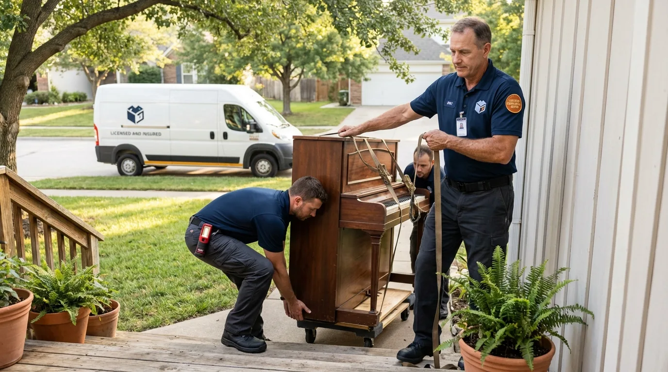 Licensed piano movers securing grand piano in Mineral Ridge, OH