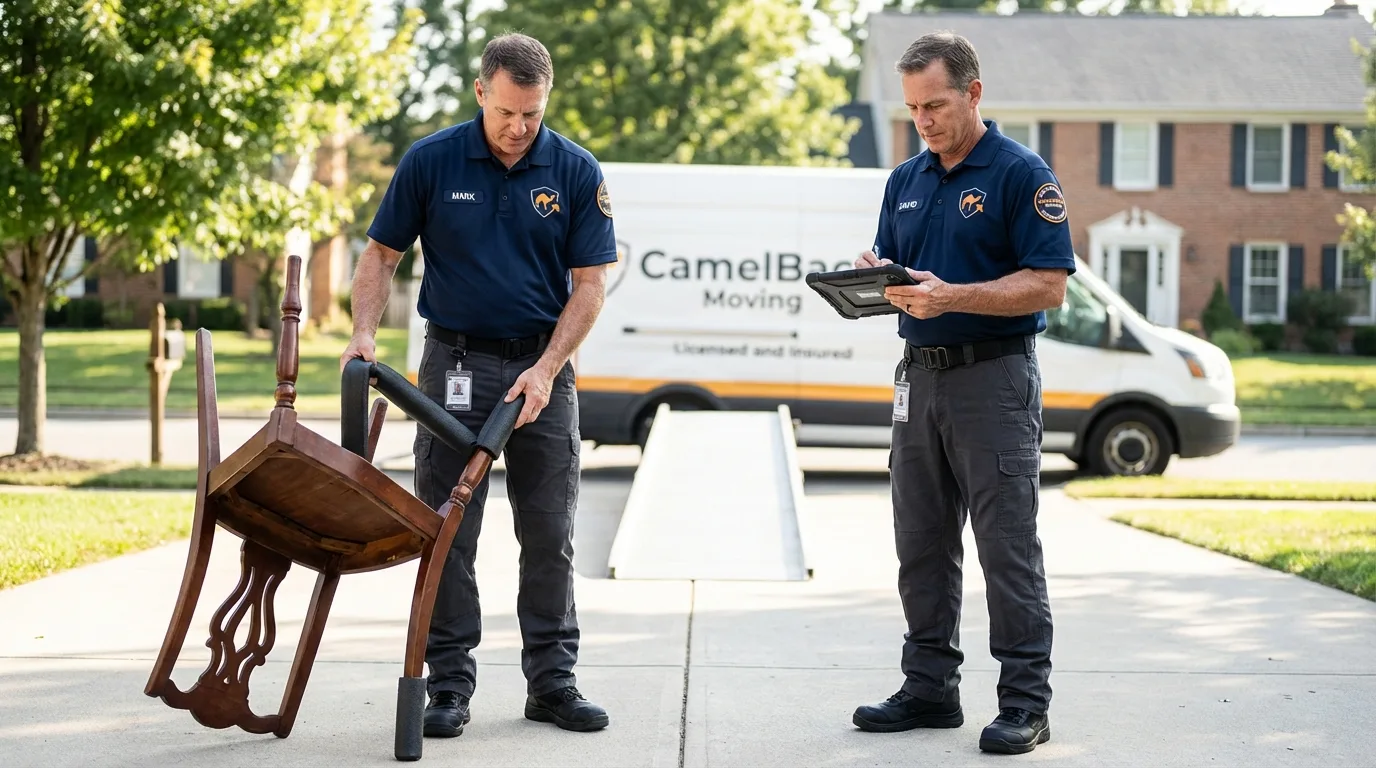 Movers inspecting furniture for damage prevention before loading in Mineral Ridge, OH