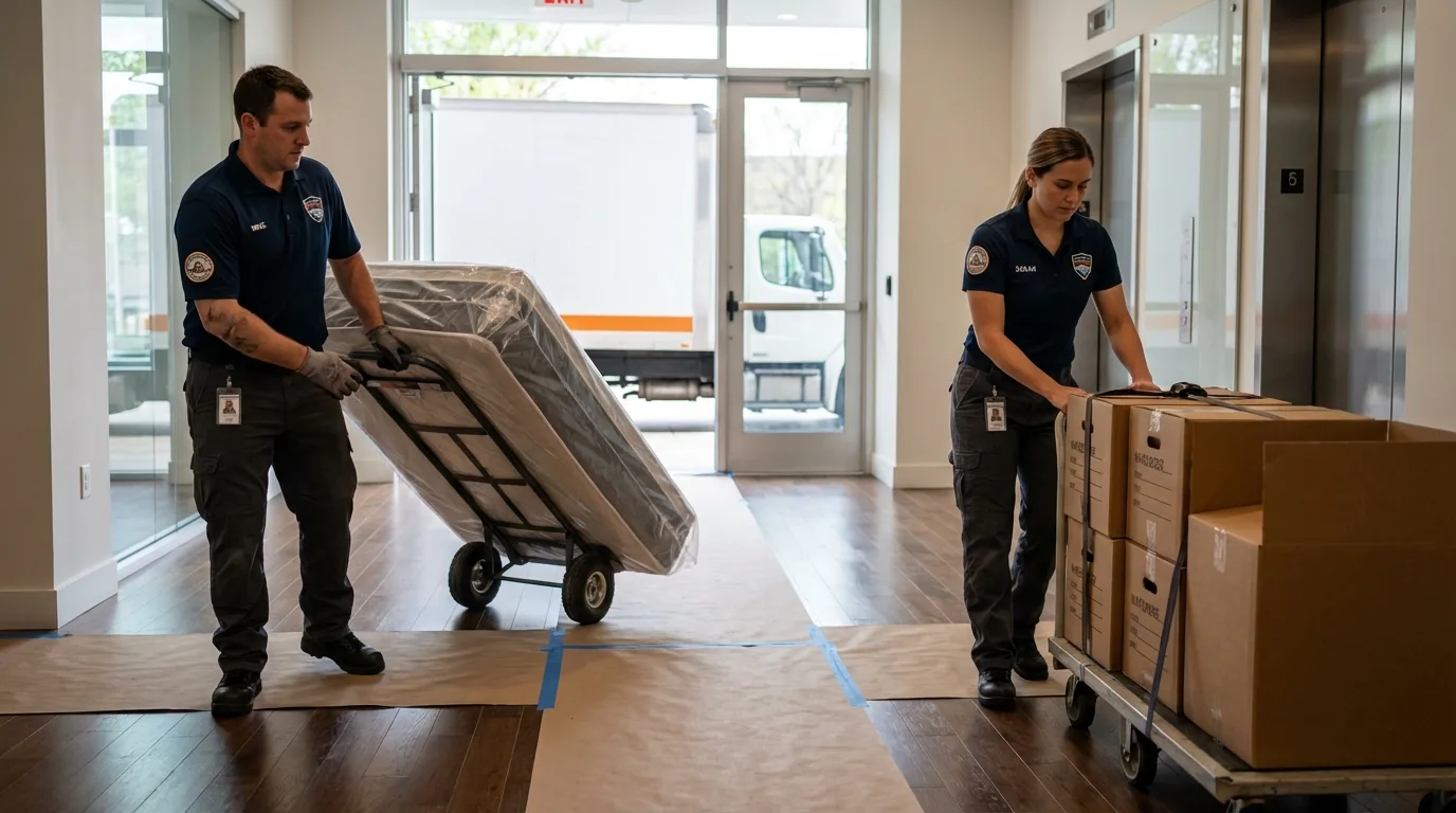 Professional apartment movers loading elevator in Mineral Ridge, OH