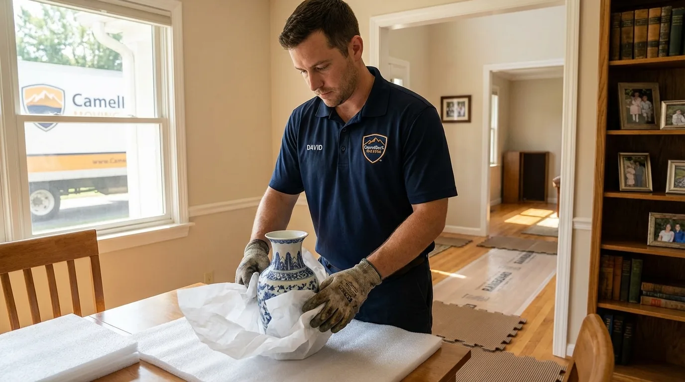 Professional crew carefully wrapping antique vase for senior downsizing move in Mineral Ridge, OH